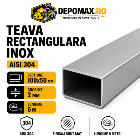 Teava rectangulara inox AISI 304, 100 x 50 x 2 mm, 6 metri